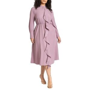 ELOQUII Women’s Mauve Long Sleeve Ruffle Front Midi Dress – Size 16